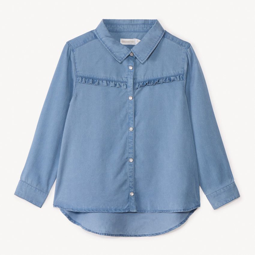 Chemise fille grise à col volanté avec strass sur le col - denim grey