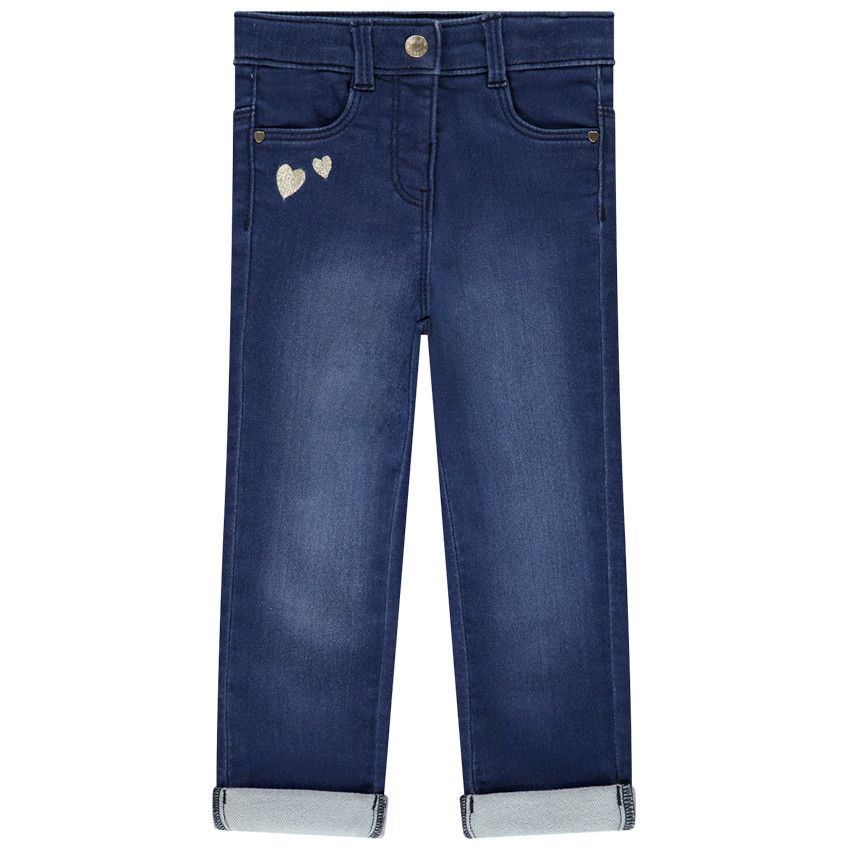 Jean Fille En Pur Coton - Coupe Ample Avec Motifs Cœurs - Taille Ajustable 9 à 36 Mois - Fermeture Bouton & Zip