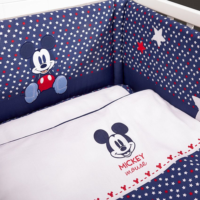 Premaman Tour De Lit Imprime Etoiles Disney Avec Mickey Brode Bleu Literie Sommeil Orchestra
